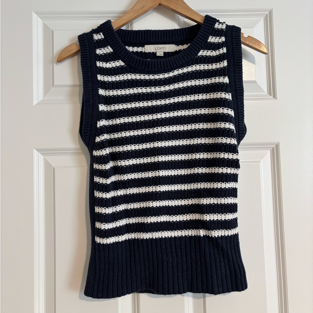 LOFT Navy and White Striped Sleeveless Vest